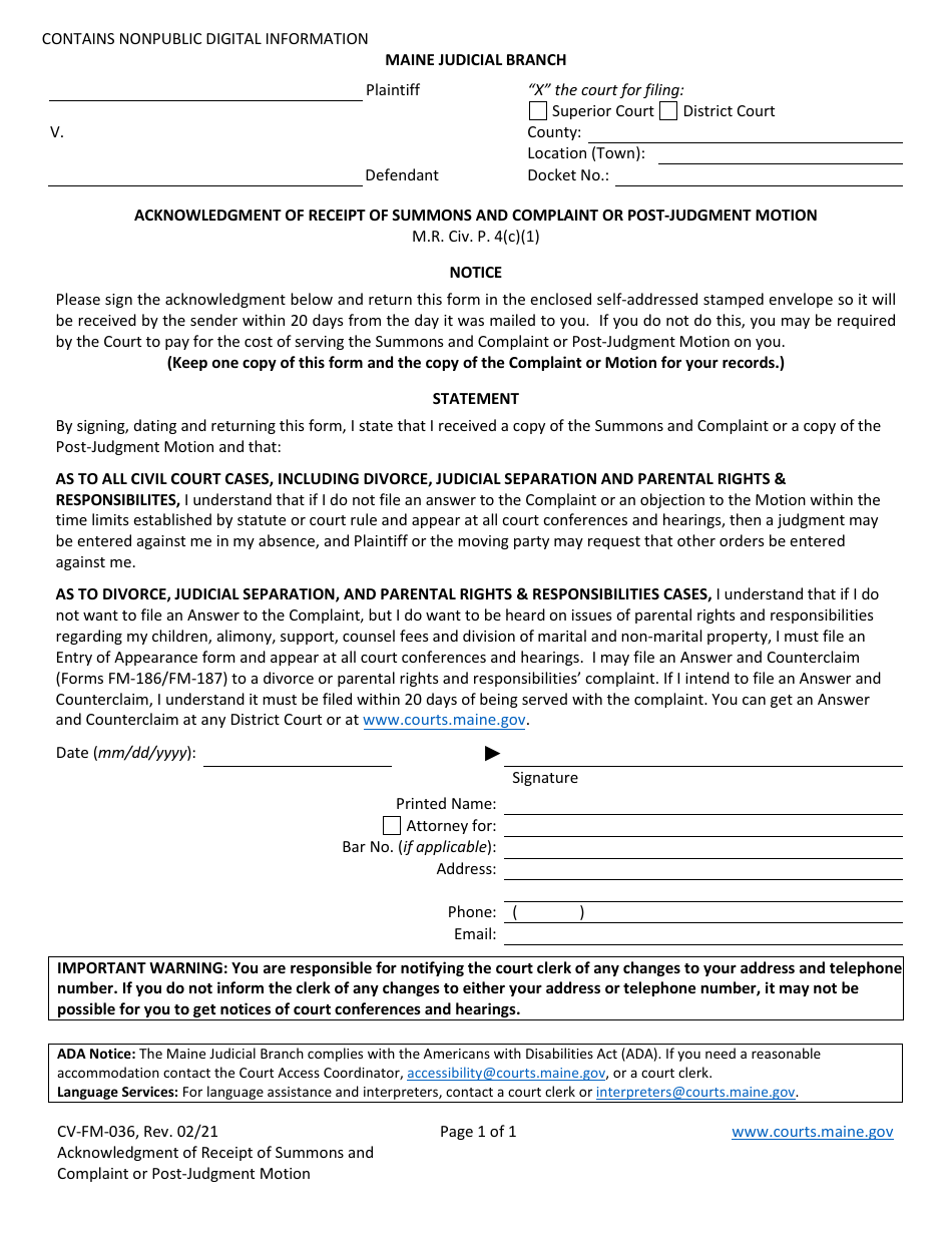 Form CV-FM-036 - Fill Out, Sign Online and Download Fillable PDF, Maine ...