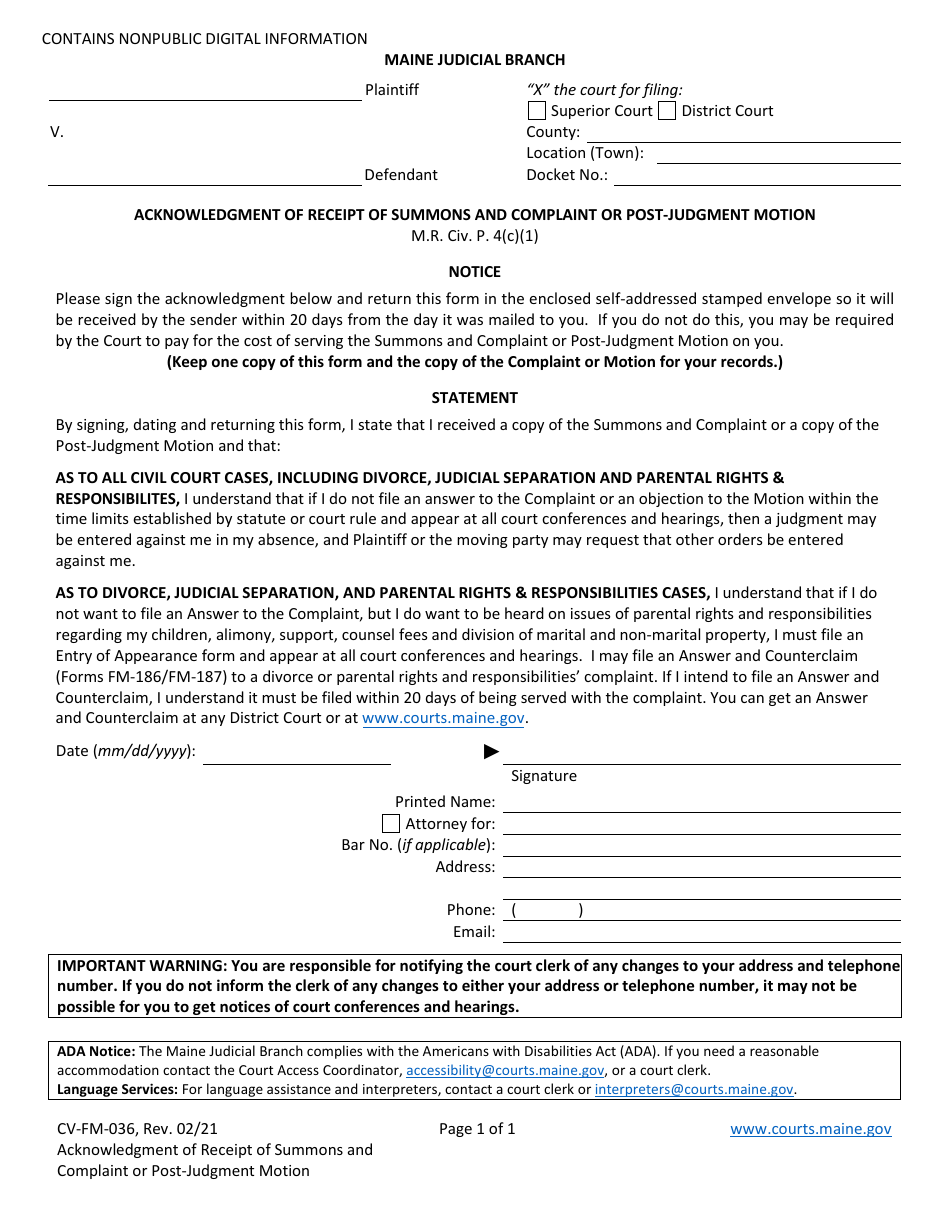 Form CV-FM-036 Acknowledgment of Receipt of Summons and Complaint or Post-judgment Motion - Maine, Page 1