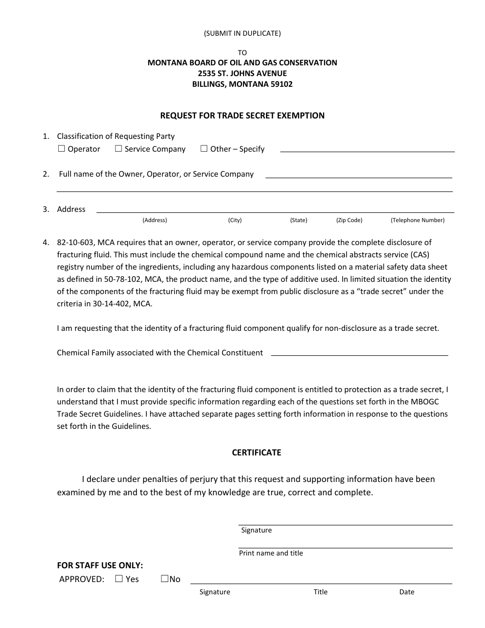 Request for Trade Secret Exemption - Montana, Page 1