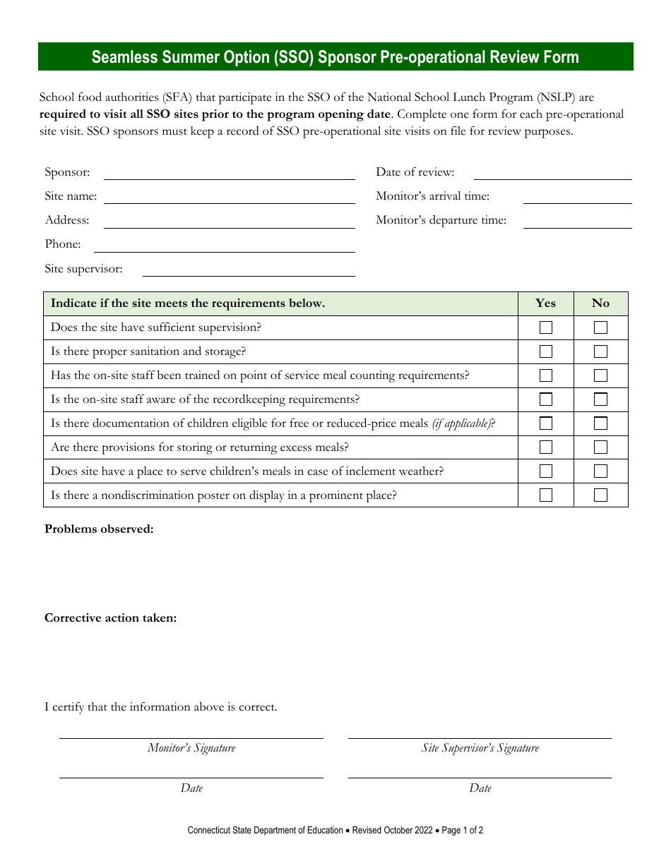 Seamless Summer Option (Sso) Sponsor Pre-operational Review Form - Connecticut, Page 1