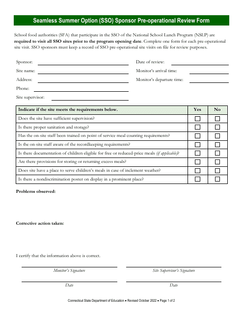 Seamless Summer Option (Sso) Sponsor Pre-operational Review Form - Connecticut Download Pdf