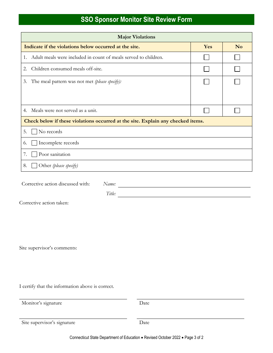 Seamless Summer Option (Sso) Sponsor Monitor Site Review Form - Connecticut, Page 3