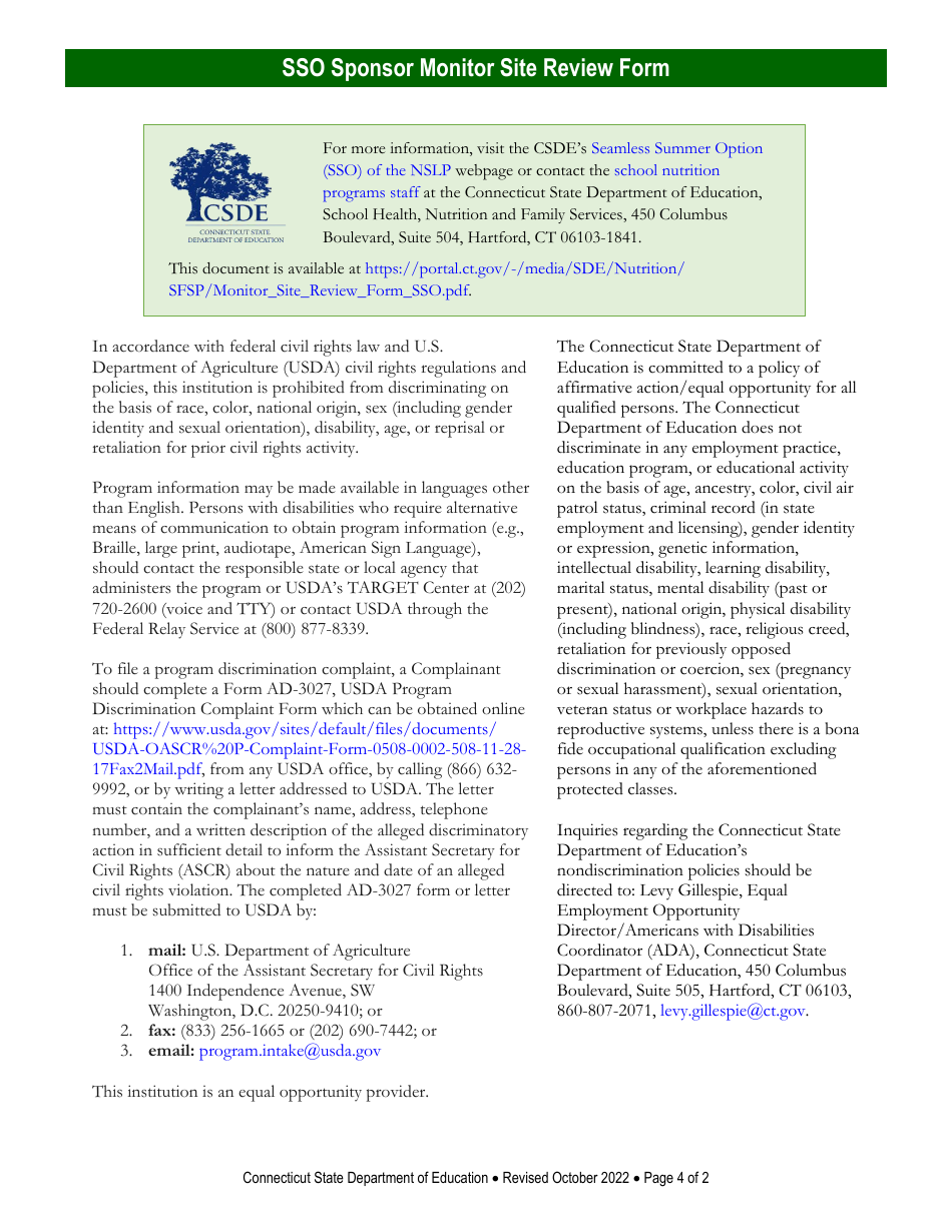 Seamless Summer Option (Sso) Sponsor Monitor Site Review Form - Connecticut, Page 4