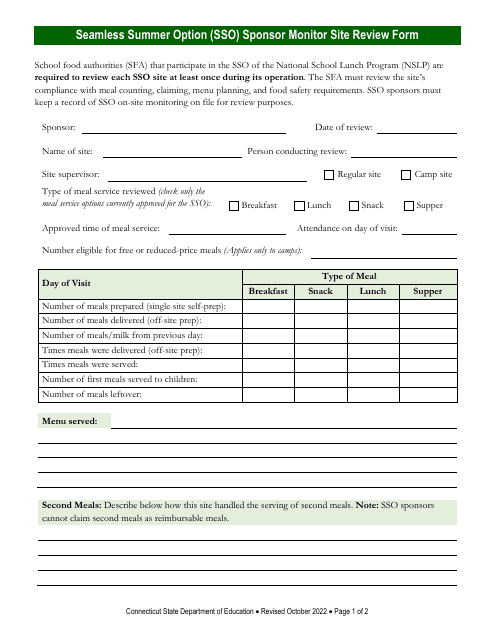 Seamless Summer Option (Sso) Sponsor Monitor Site Review Form - Connecticut Download Pdf