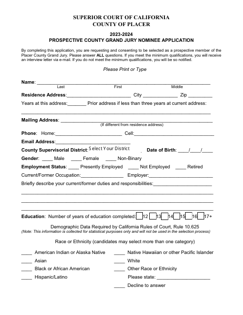 Prospective County Grand Jury Nominee Application - County of Placer, California, 2024