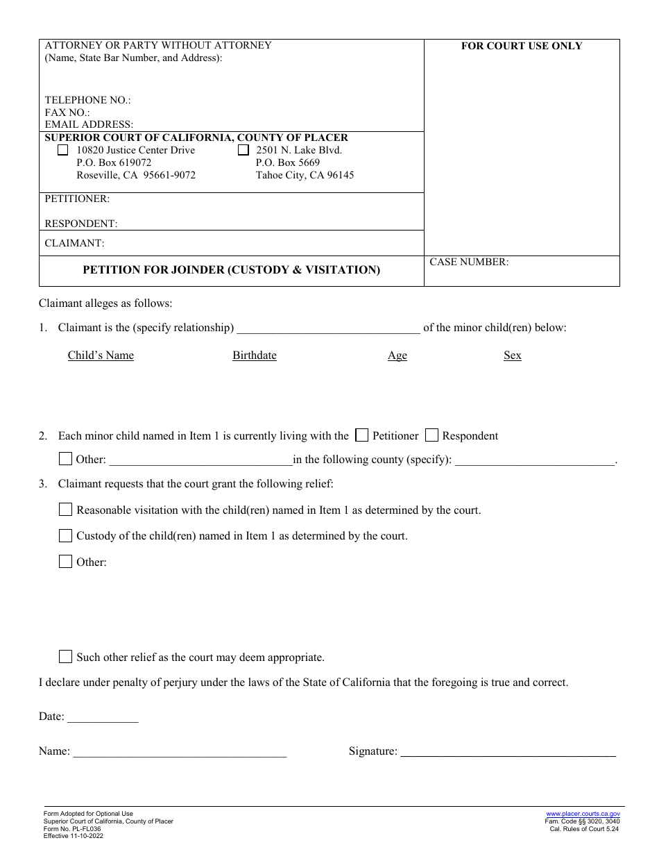 Form PL-FL036 Petition for Joinder (Custody  Visitation) - County of Placer, California, Page 1