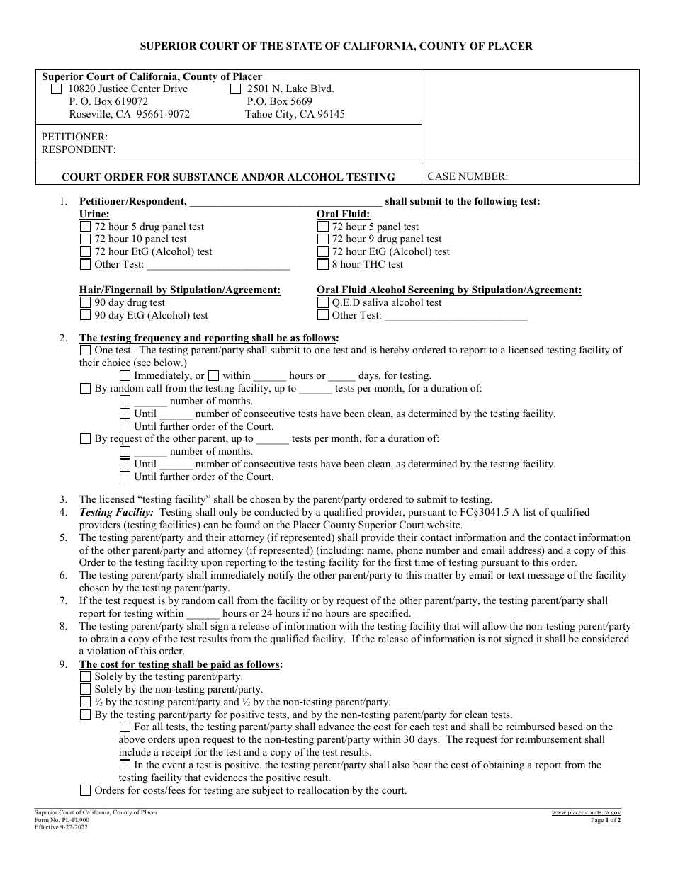 Form PL-FL900 Court Order for Substance and / or Alcohol Testing - County of Placer, California, Page 1