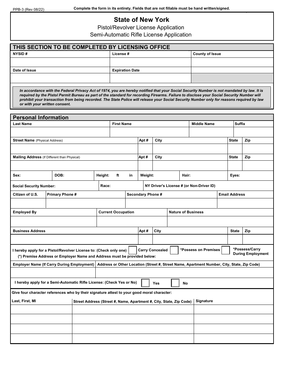 Form PPB-3 Pistol / Revolver / Semi-automatic Rifle License Application - New York, Page 1