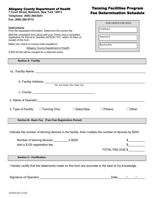 Form ACDOH-401 Fee Determination Schedule - Tanning Facilities Program - Allegany County, New York