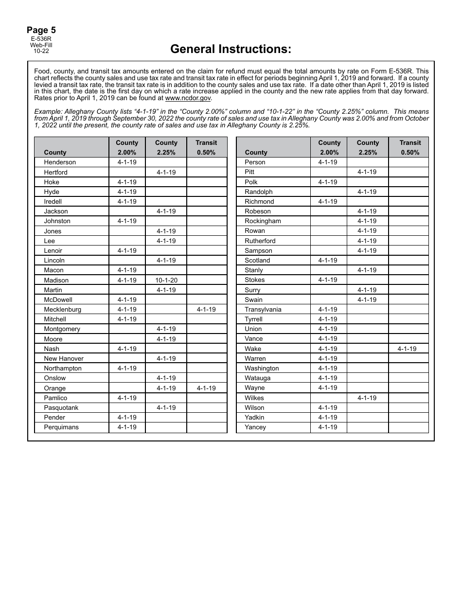 Form E-536R Schedule of County Sales and Use Taxes for Claims for Refund - North Carolina, Page 6