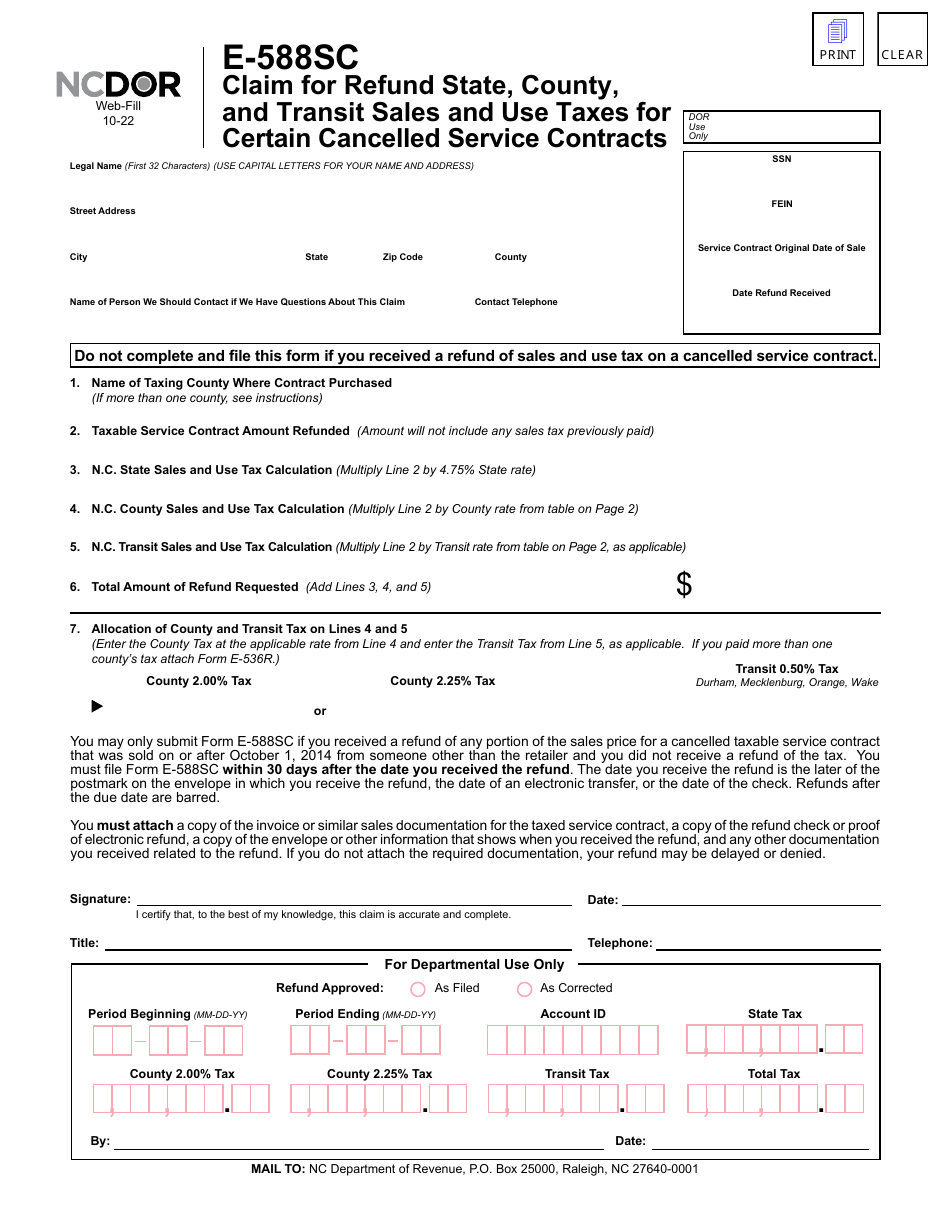 Form E588SC Download Fillable PDF or Fill Online Claim for Refund State, County, and Transit