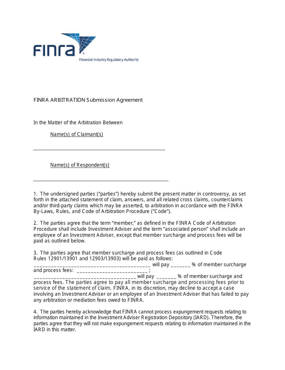 FiNRA Arbitration Submission Agreement, Page 1