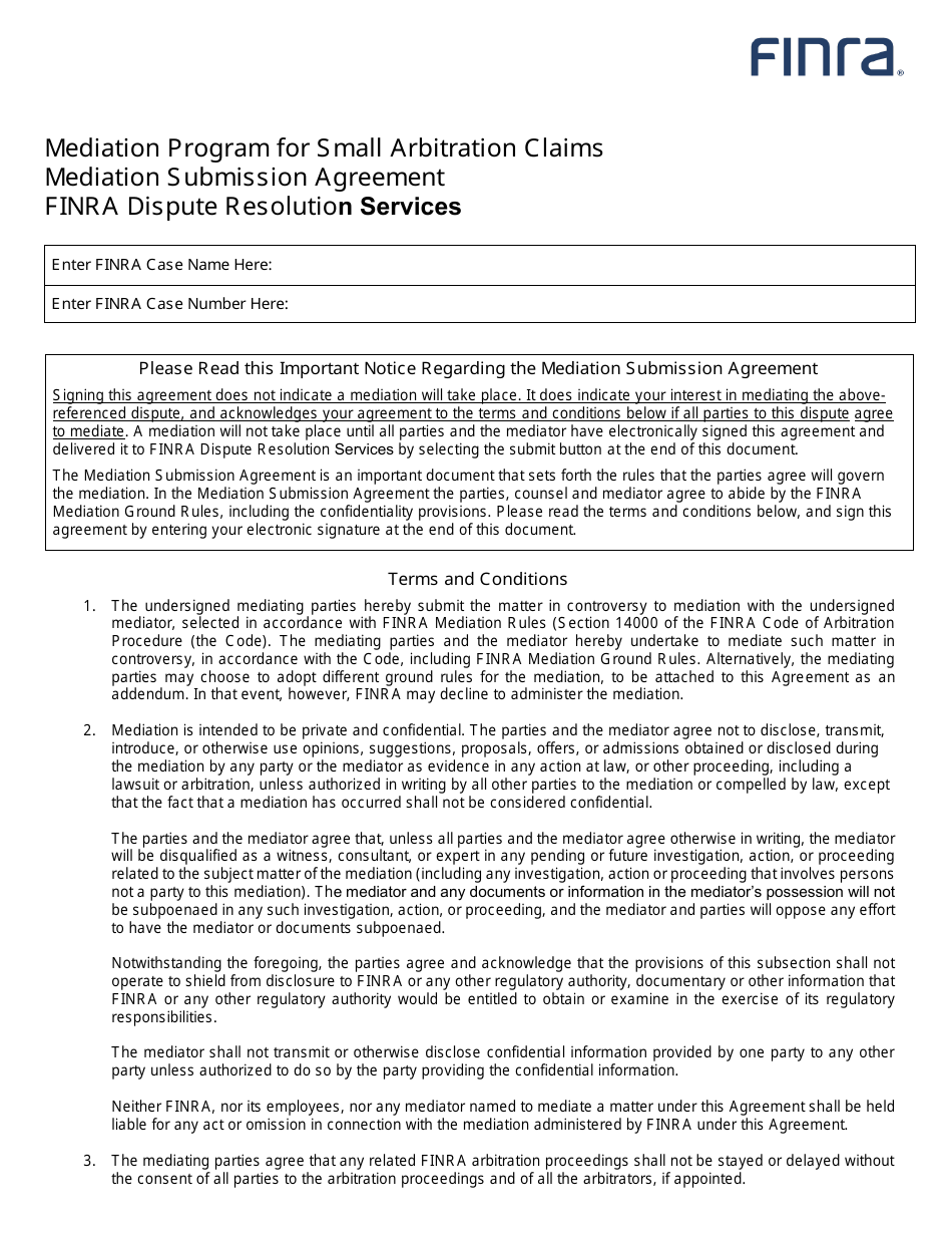 Mediation Program for Small Arbitration Claims Mediation Submission Agreement, Page 1
