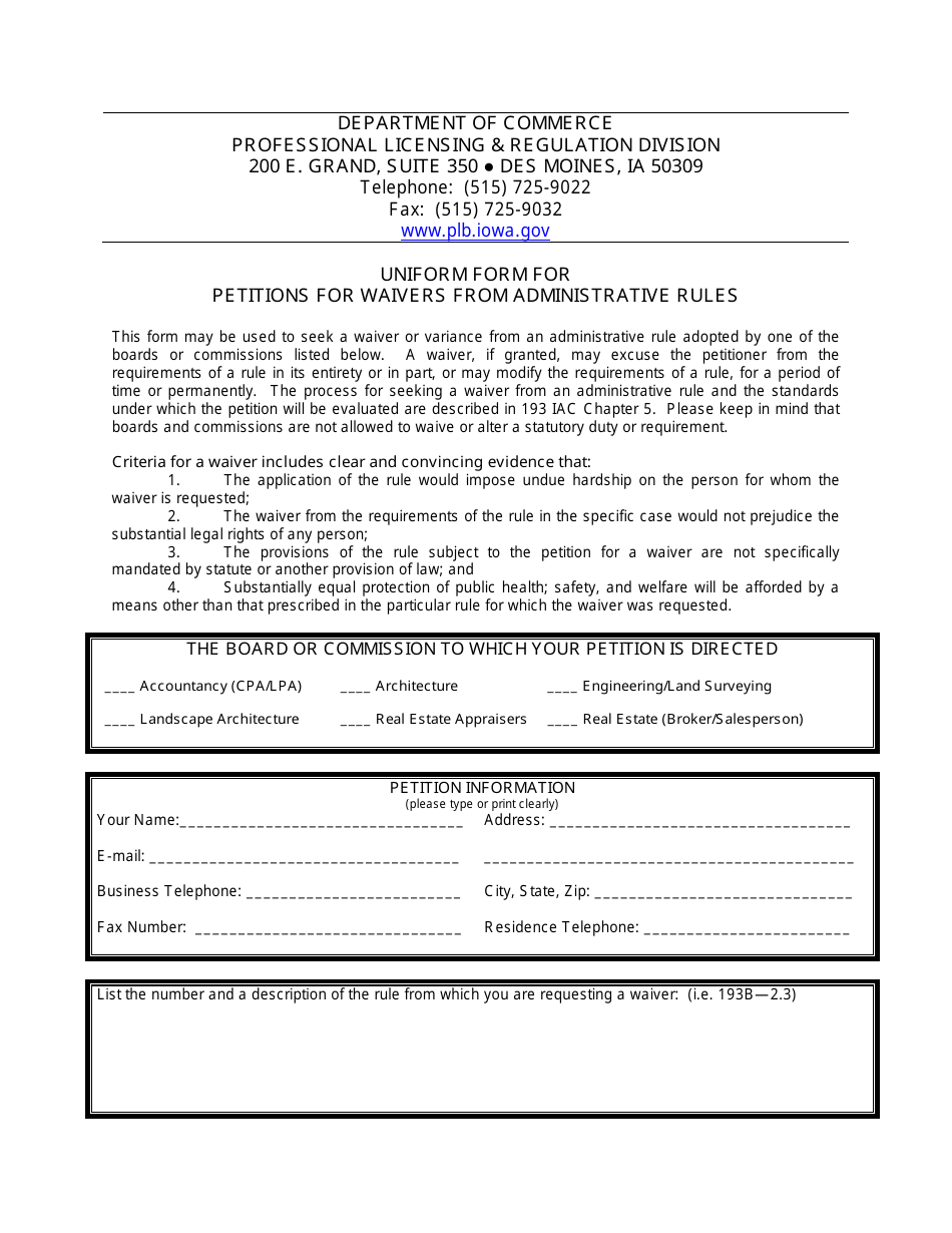 Uniform Form for Petitions for Waivers From Administrative Rules - Iowa, Page 1