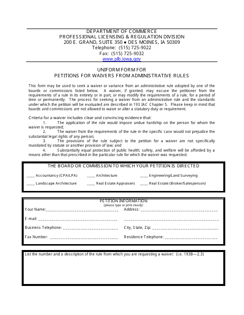 Uniform Form for Petitions for Waivers From Administrative Rules - Iowa Download Pdf