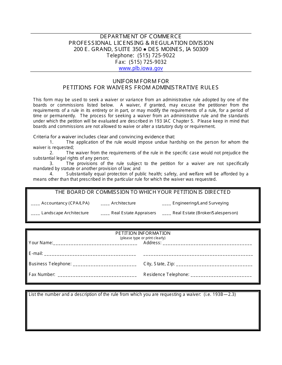 Iowa Uniform Form for Petitions for Waivers From Administrative Rules