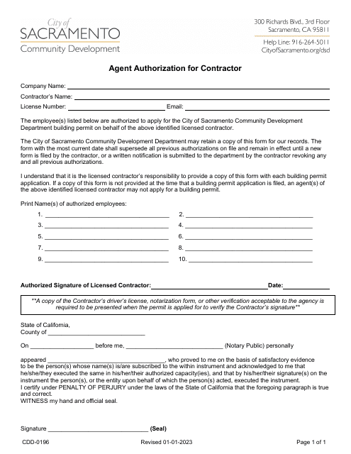 Form CDD-0196 Agent Authorization for Contractor - City of Sacramento, California