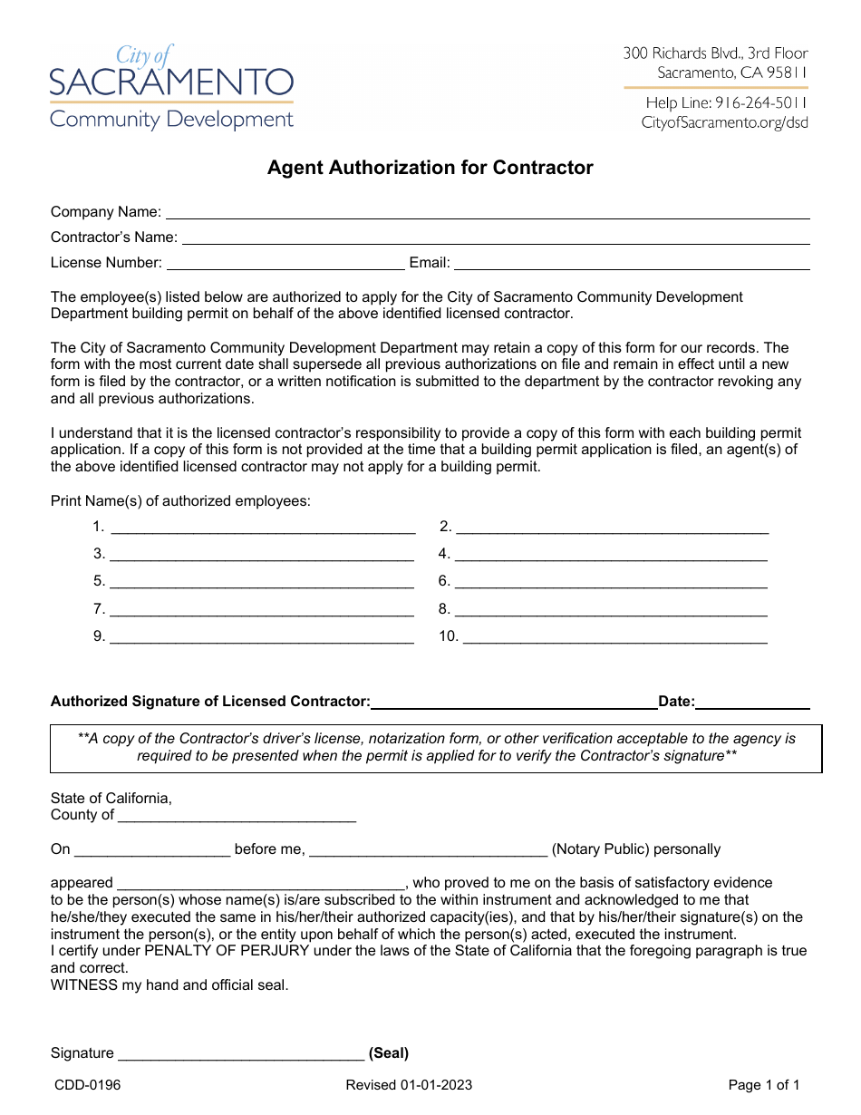 Form CDD-0196 Agent Authorization for Contractor - City of Sacramento, California, Page 1