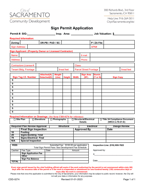 Form CDD-0274 Sign Permit Application - City of Sacramento, California