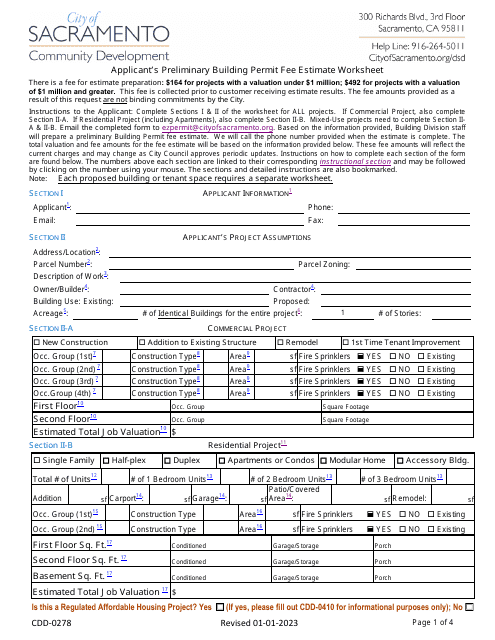 Form CDD-0278 Applicant's Preliminary Building Permit Fee Estimate Worksheet - City of Sacramento, California