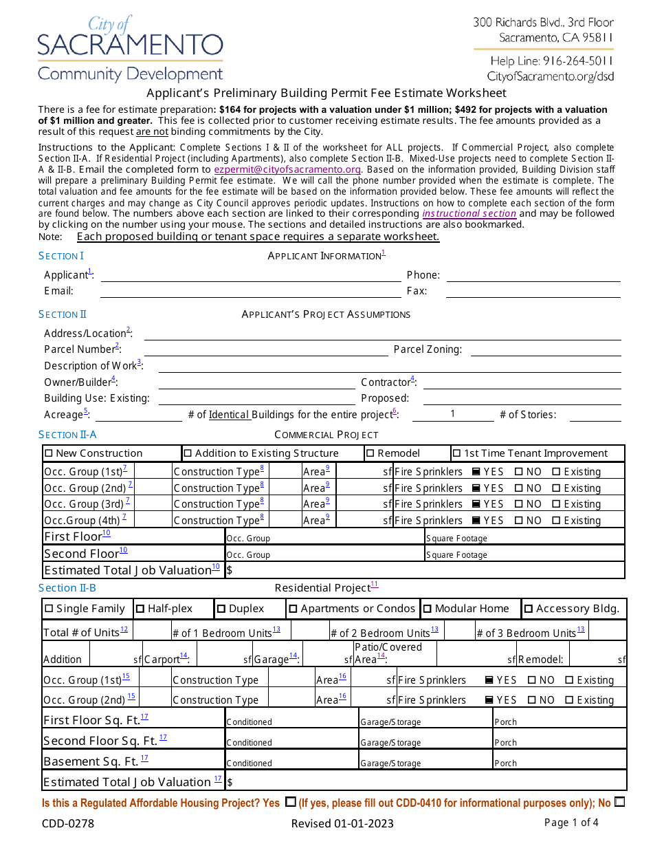 Form CDD-0278 Applicants Preliminary Building Permit Fee Estimate Worksheet - City of Sacramento, California, Page 1
