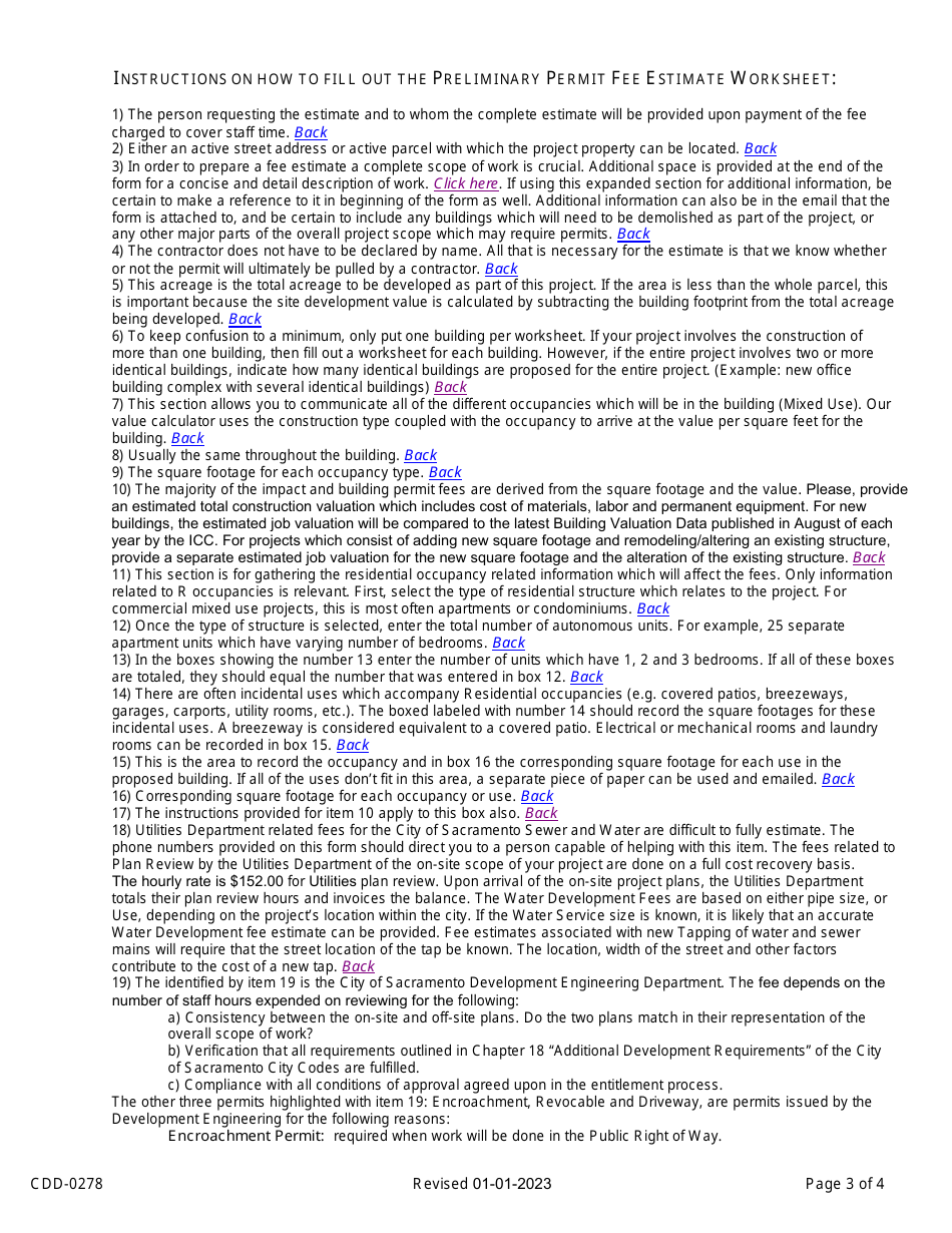 Form CDD-0278 Applicants Preliminary Building Permit Fee Estimate Worksheet - City of Sacramento, California, Page 3