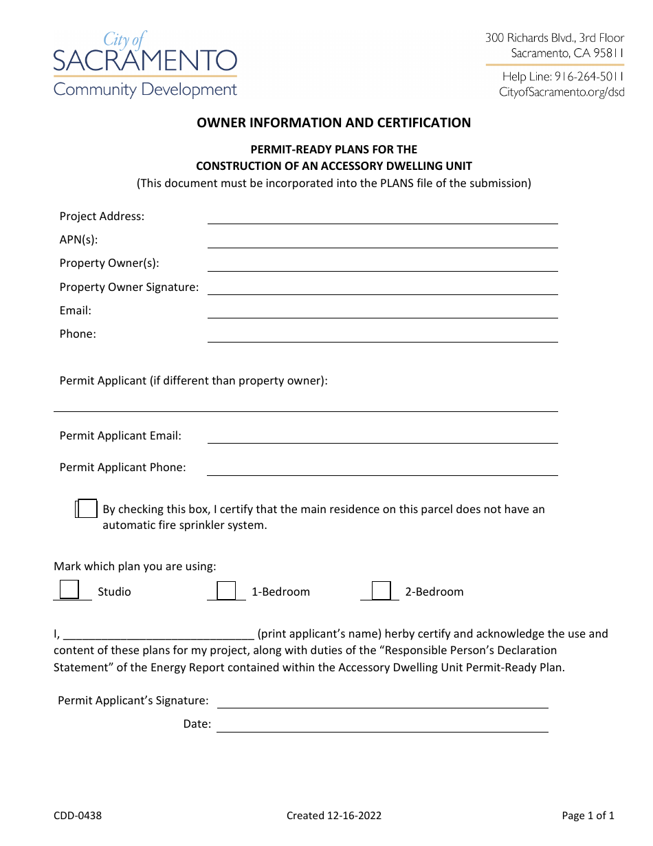 Form CDD-0438 Owner Information and Certification - City of Sacramento, California, Page 1