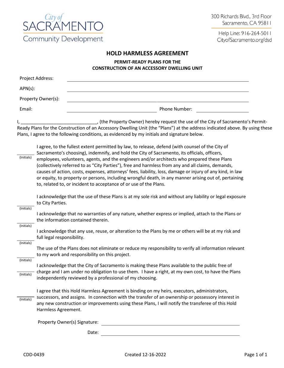 Form CDD-0439 Hold Harmless Agreement - City of Sacramento, California, Page 1