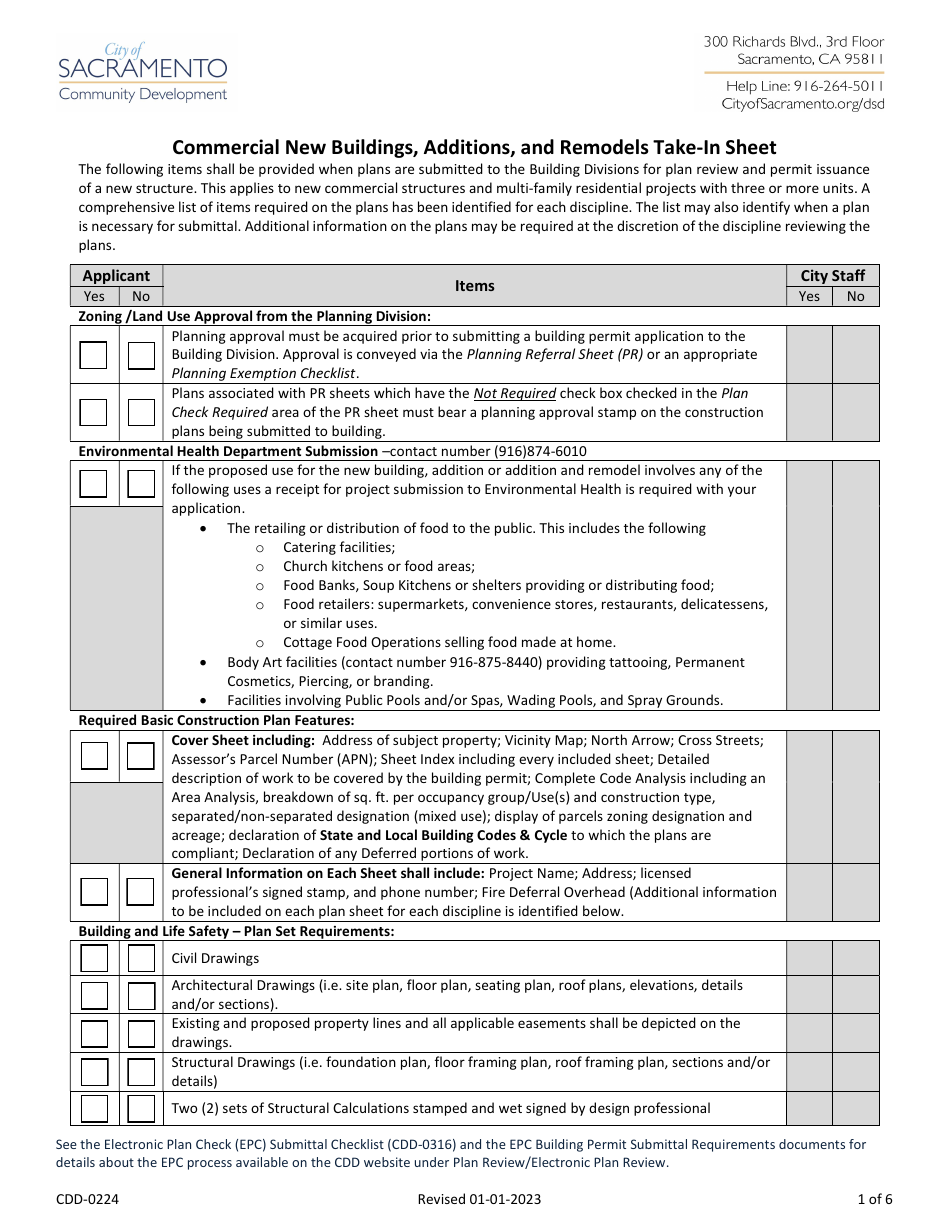 Form CDD-0224 Commercial New Buildings, Additions, and Remodels Take-In Sheet - City of Sacramento, California, Page 1