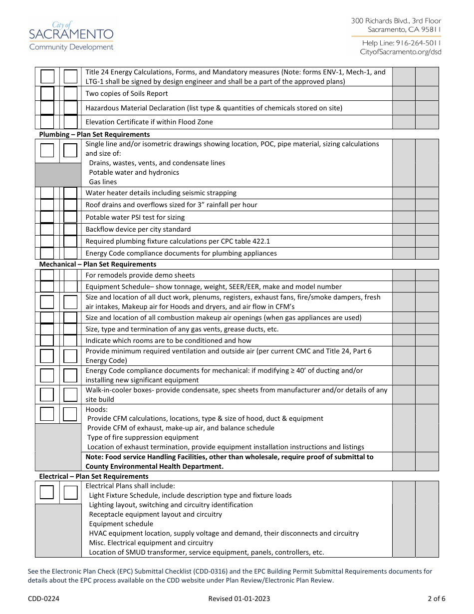 Form CDD-0224 Commercial New Buildings, Additions, and Remodels Take-In Sheet - City of Sacramento, California, Page 2