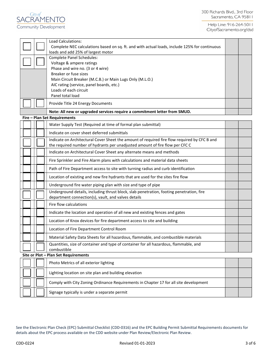 Form CDD-0224 Commercial New Buildings, Additions, and Remodels Take-In Sheet - City of Sacramento, California, Page 3