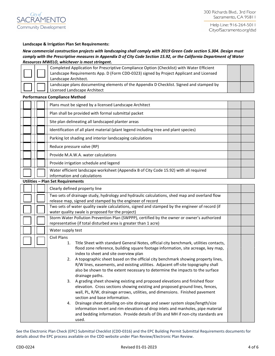 Form CDD-0224 Commercial New Buildings, Additions, and Remodels Take-In Sheet - City of Sacramento, California, Page 4