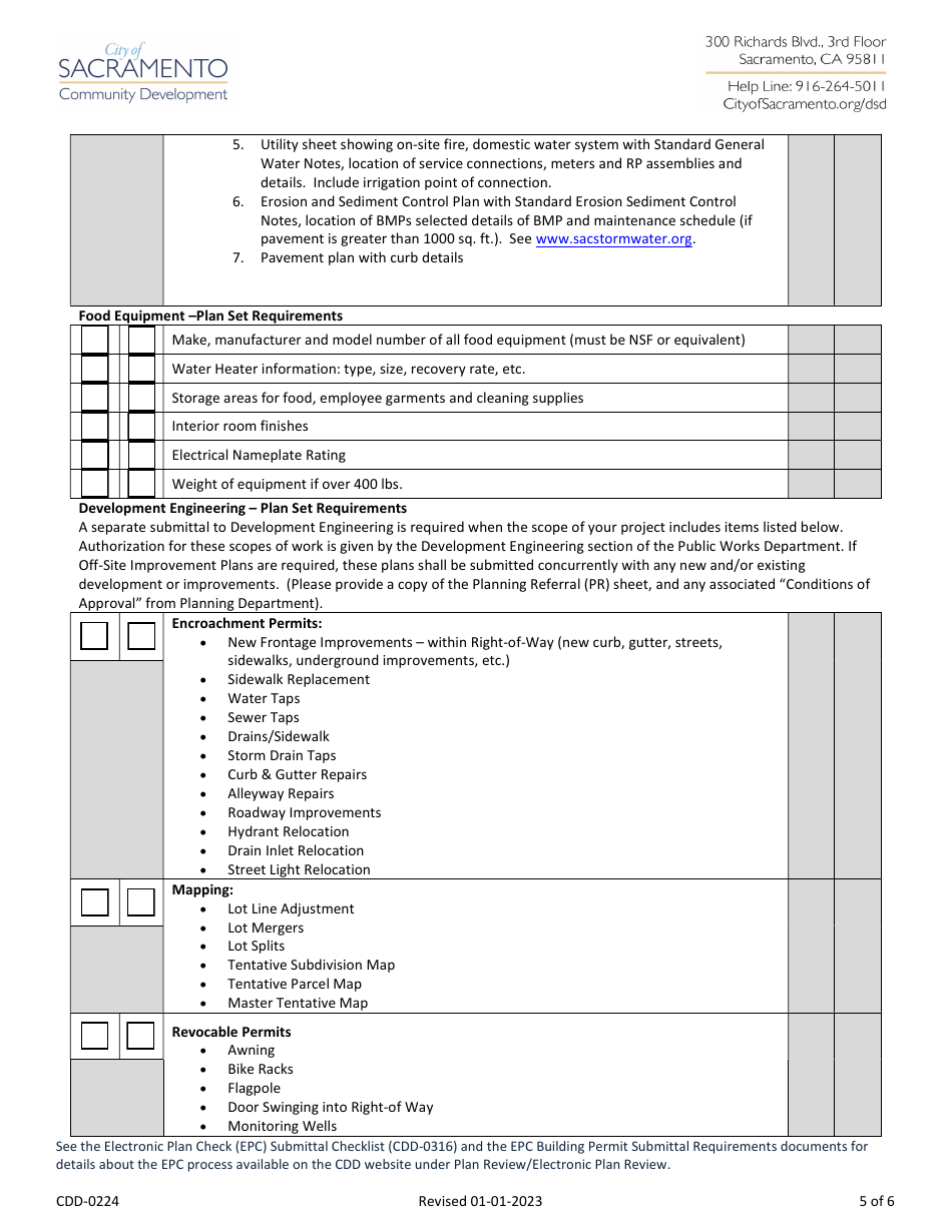 Form CDD-0224 Commercial New Buildings, Additions, and Remodels Take-In Sheet - City of Sacramento, California, Page 5