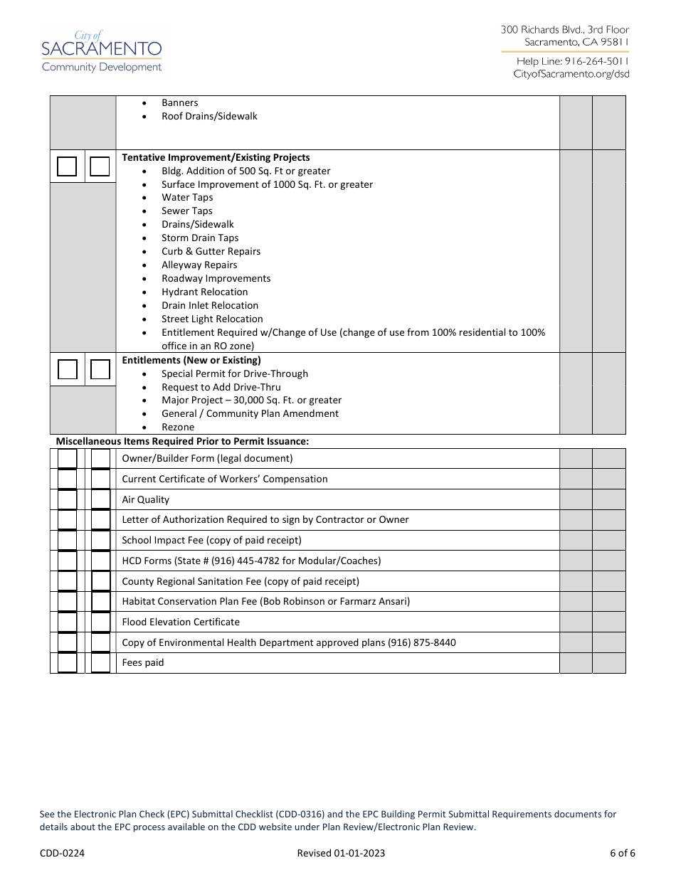 Form CDD-0224 Commercial New Buildings, Additions, and Remodels Take-In Sheet - City of Sacramento, California, Page 6