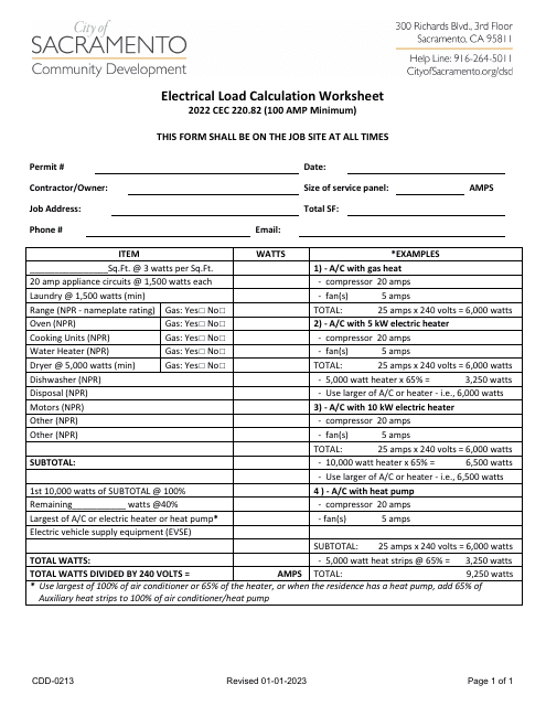 Form CDD-0213 Electrical Load Calculation Worksheet - City of Sacramento, California