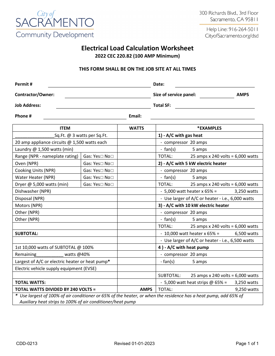 Form CDD-0213 Electrical Load Calculation Worksheet - City of Sacramento, California, Page 1