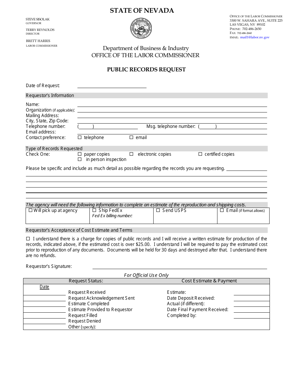 Nevada Public Records Request Fill Out Sign Online And Download PDF