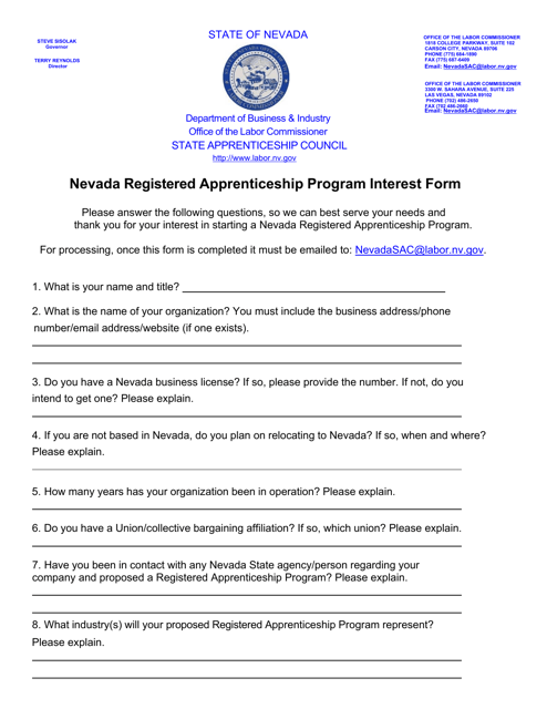 Nevada Registered Apprenticeship Program Interest Form - Nevada Download Pdf