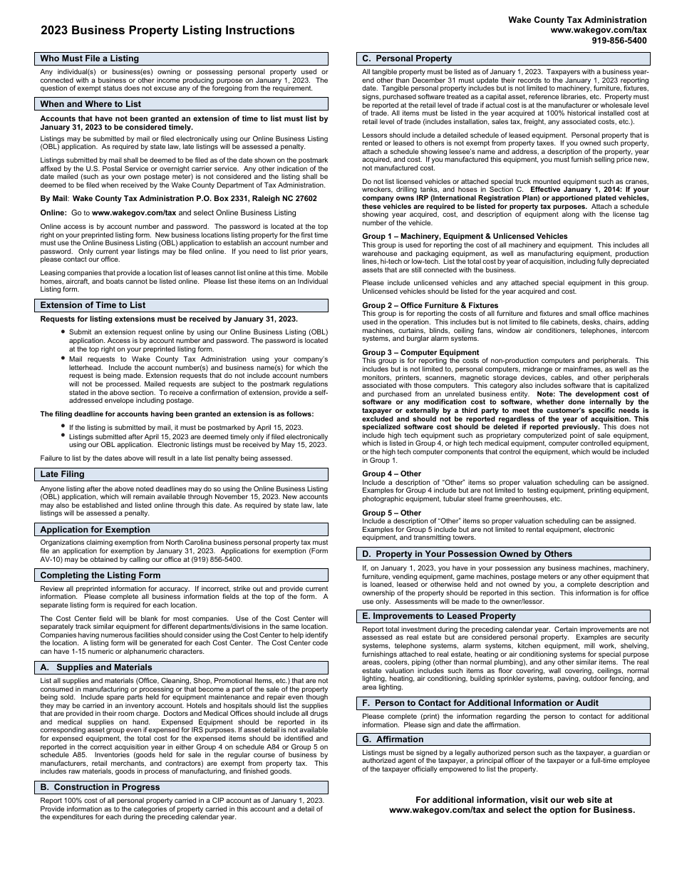 Instructions for Business Property Listing Instructions - Wake County, North Carolina, Page 1