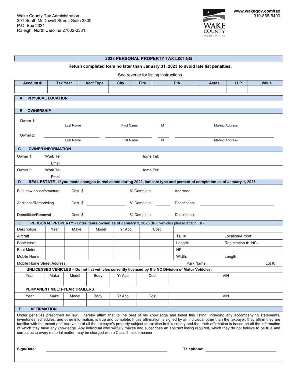 Personal Property Tax Listing - North Carolina, Page 1