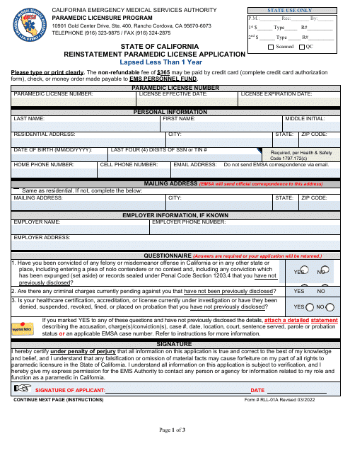 Form RLL-01A Reinstatement Paramedic License Application - California