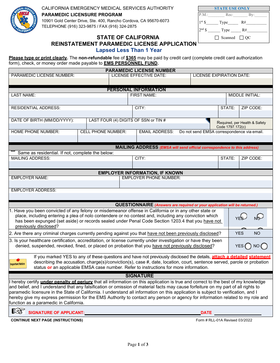 Form RLL-01A Reinstatement Paramedic License Application - California, Page 1