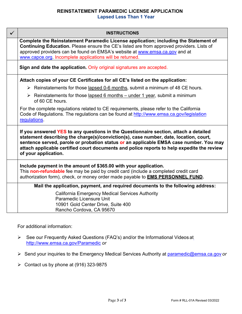 Form RLL-01A Reinstatement Paramedic License Application - California, Page 3