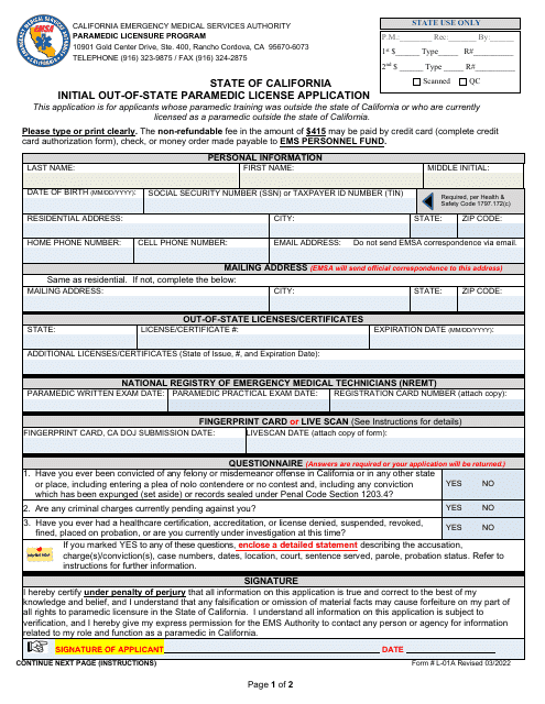 Form L-01A Initial Out-of-State Paramedic License Application - California
