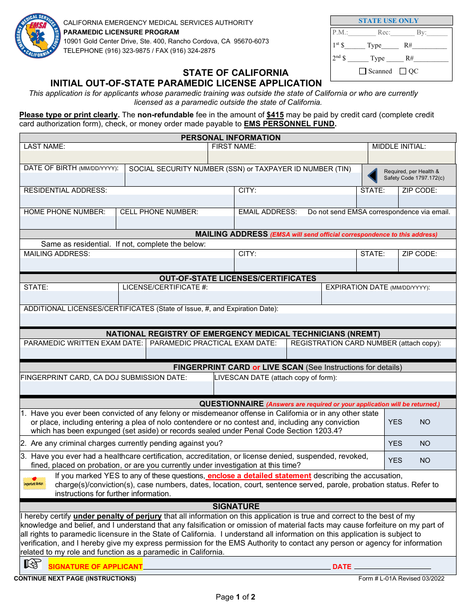 Form L-01A Initial Out-of-State Paramedic License Application - California, Page 1