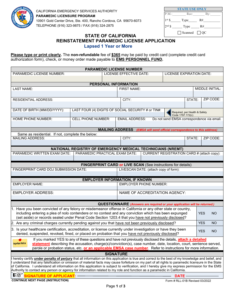 Form RLL-01B Reinstatement Paramedic License Application - California, Page 1