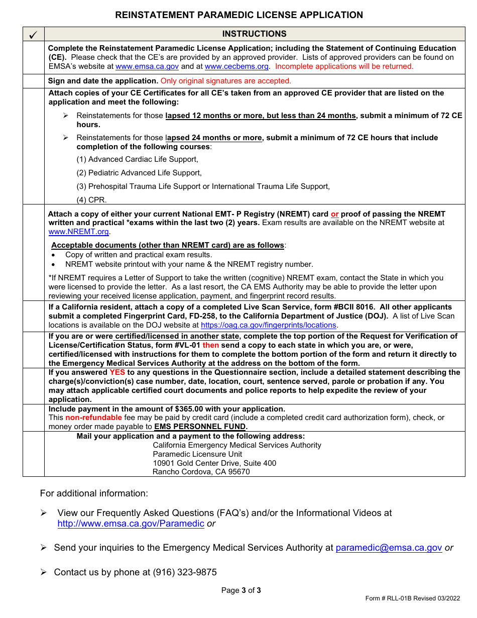 Form RLL-01B Reinstatement Paramedic License Application - California, Page 3