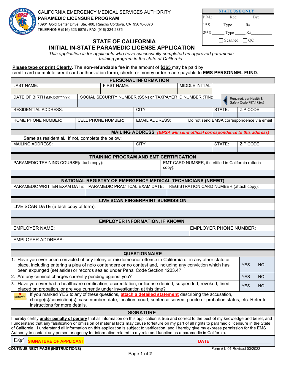 Form L-01 Initial in-State Paramedic License Application - California, Page 1