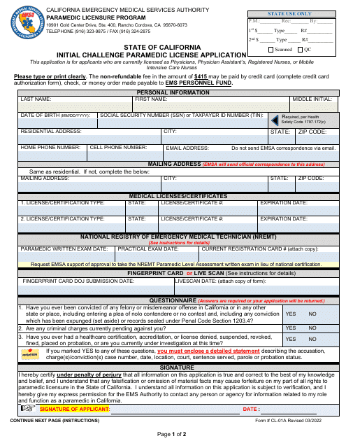Form CL-01A Initial Challenge Paramedic License Application - California