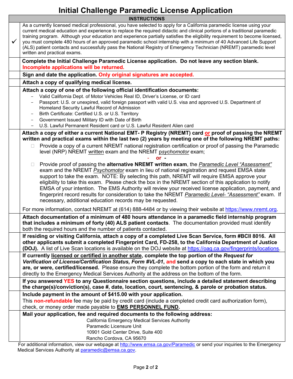 Form CL-01A Initial Challenge Paramedic License Application - California, Page 2